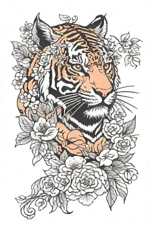 Old Grandma Stories Doodle Ancient Tiger Surrounded In Flowers And Leaves