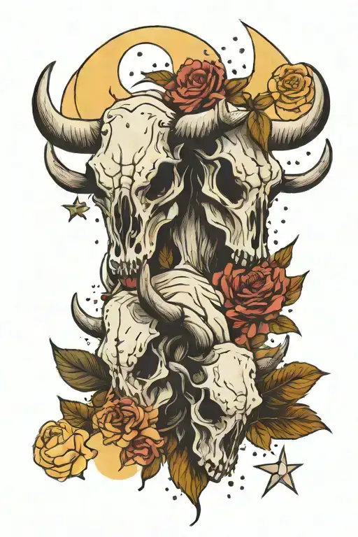 Two Headed Cow Skull With Moon And Stars