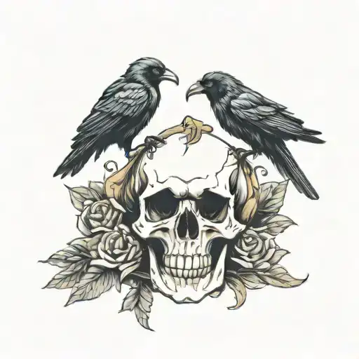 A Skull And A Bullet Flies Out Of It And A Raven Sits On The Skull