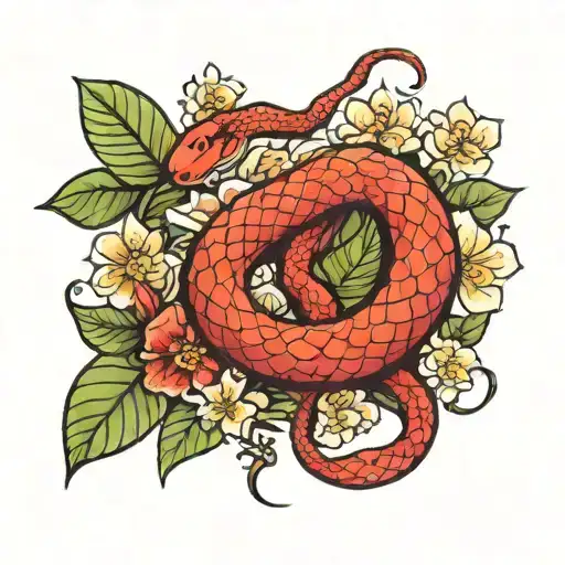 Red Snake With Flowers Growing