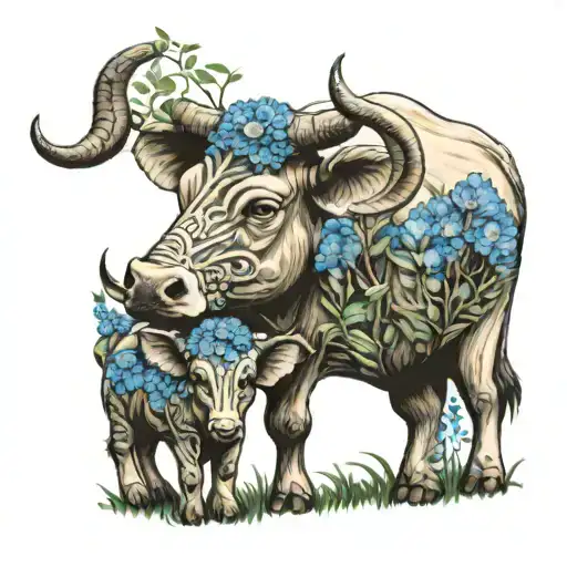 Mother And Calf Head With Blue Bell Forest