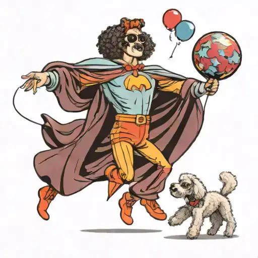 Gay Man Wearing A Superhero Costume Frolicking With A Balloon And A Poodle
