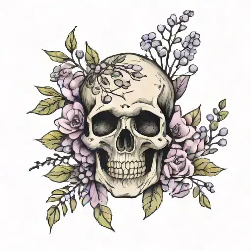 Women's Tattoo Acacia Twigs With A Skull And Lilac Flowers Inside