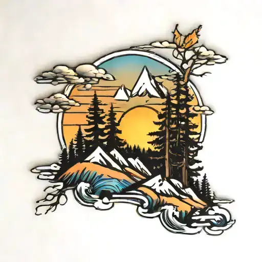 Mountaines And Pine Trees Colors Sunset