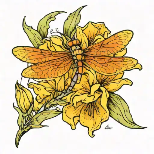 Orange Dragonfly On Yellow Tulips