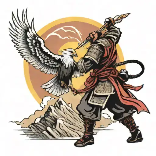 Samurai Warriors Fighting Back View In The Mountains With Rising Sun And Eagle Flying