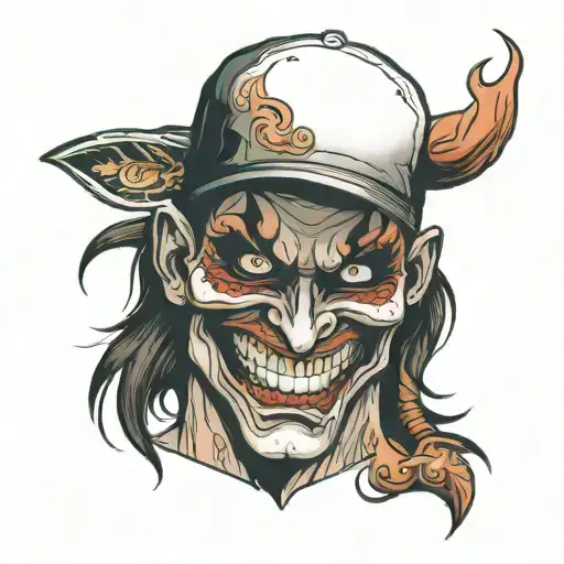 Happy Man Revealing An Evil Mask Wearing A Baseball Cap