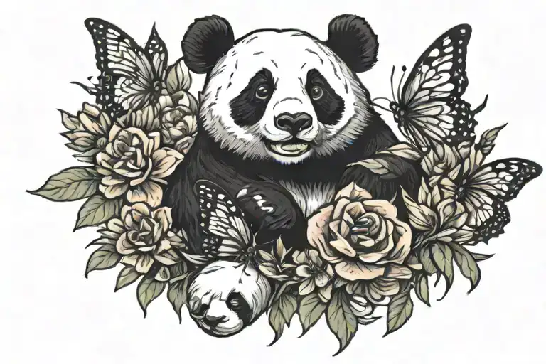 Panda And Flowers With Butterflies