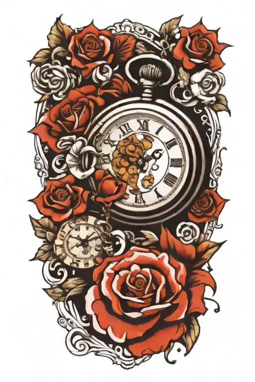 Alice In Wonderland Themed Pocket Watch Surrounded By Roses And Poppies