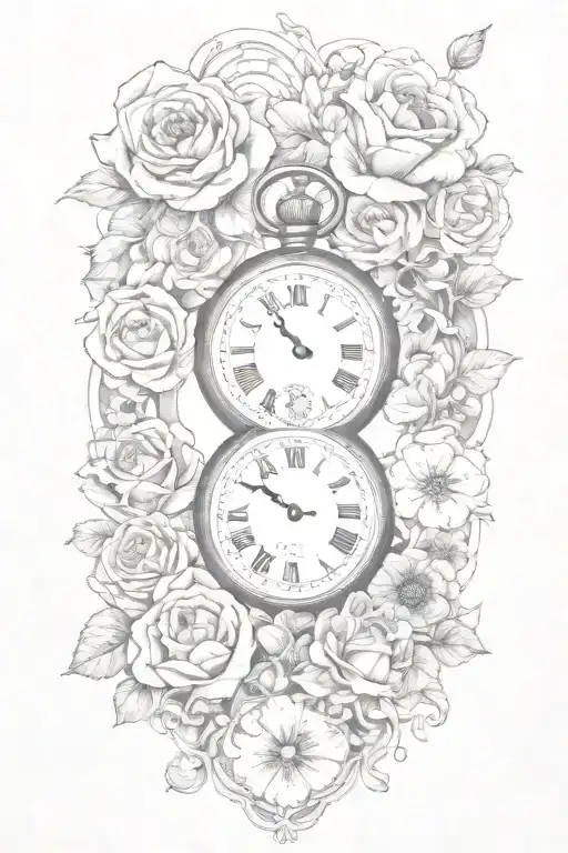 Alice In Wonderland Themed Pocket Watch Surrounded By Roses And Poppies