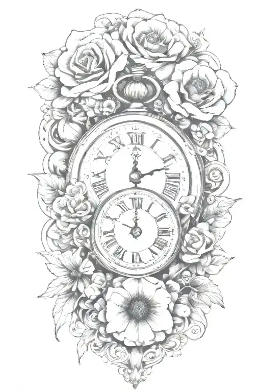 Alice In Wonderland Themed Pocket Watch Surrounded By Roses And Poppies