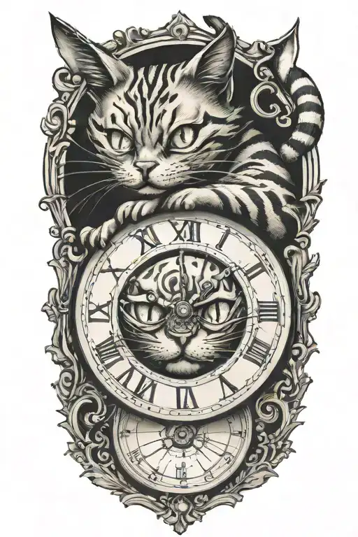Cheshire Cat Peeking Out Of A Clock Face With Dotwork Detailing