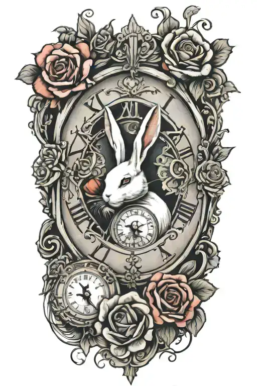 The White Rabbit Peeking Out Of A Clock Face With Roses And Poppies