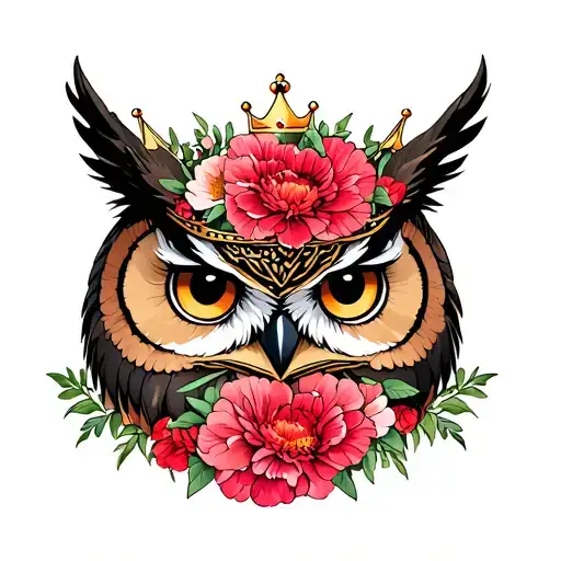 Owl With Crown Of Carnations Flowers