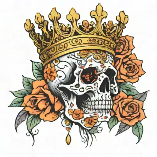 Flowers Surrounding Skull Face With Crown