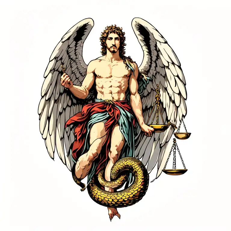 Michael The Archangel Carrying Scales Of Justice Slaying A Snake