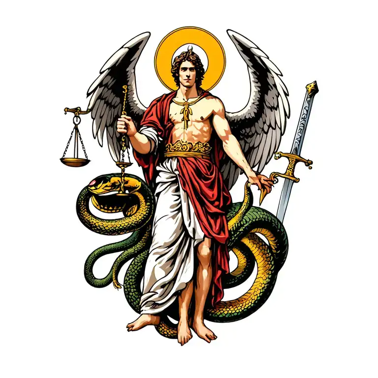 Saint Michael The Archangel Carrying Scales Of Justice And A Sword Killing A Snake