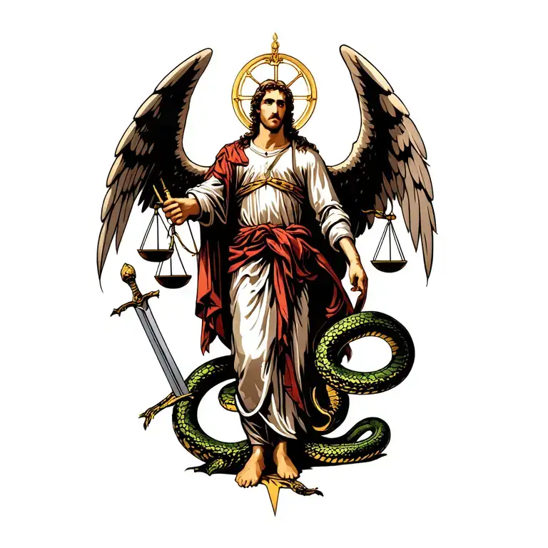 Saint Michael The Archangel Carrying Scales Of Justice And A Sword Killing A Snake