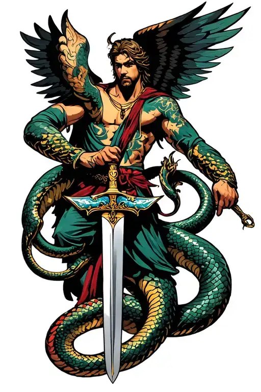 Archangel Michael Killing Snake With Sword