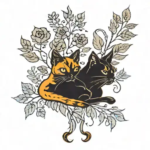 Two Black Cats With Paw Prints And Foliage