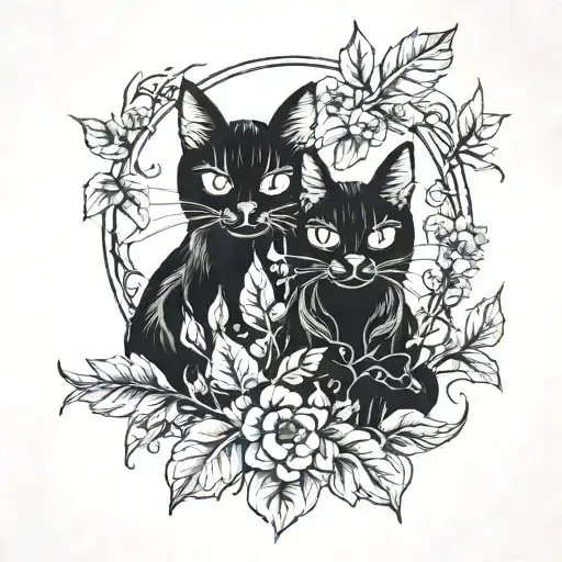 Two Spooky Black Cats With Foliage