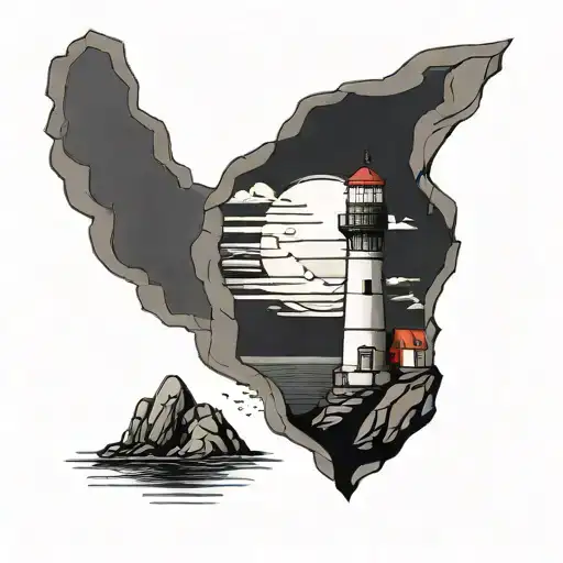 Lighthouse On A Large Rock Looking Over Dark Ocean Gloomy