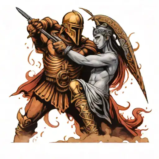 An Ancient Greek Soldier Coming Up From The Ashes Protecting His Daughter Stabbing A Star Sign Ares