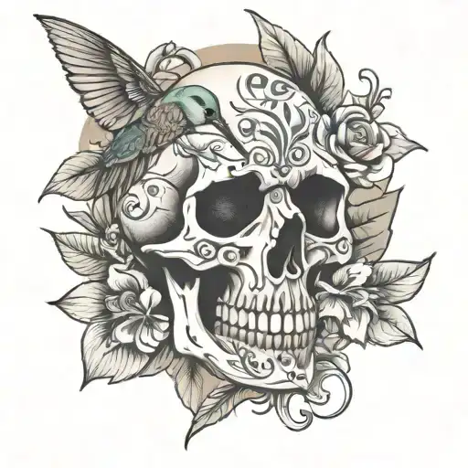 Floral Skull With Hummingbird
