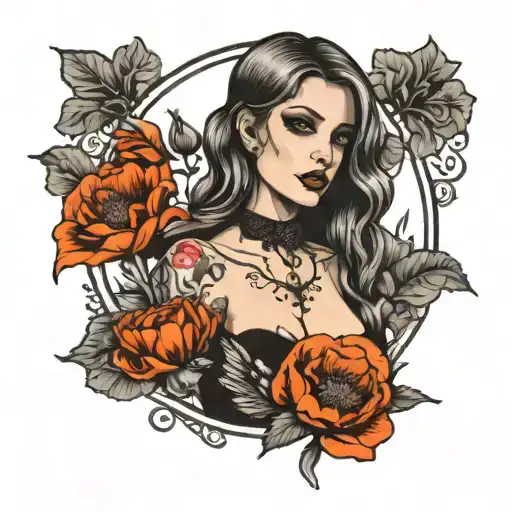 Girl In Gothic Style On A Background Of Poppies Blooming