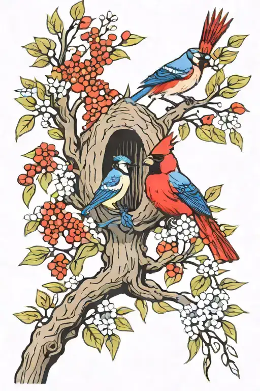Willow Tree With Red Cardinal And Blue Jay Perched