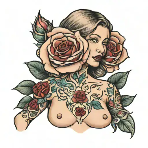 Woman With Nude Breast And Rose