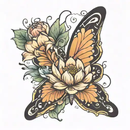 Butterfly Flying And Bloom Lotus Flower