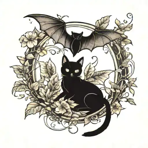Two Black Cats With Bat Wings Surrounded By Foliage