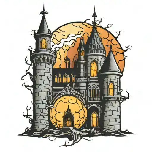 Gothic Castle With A Moon And Fire