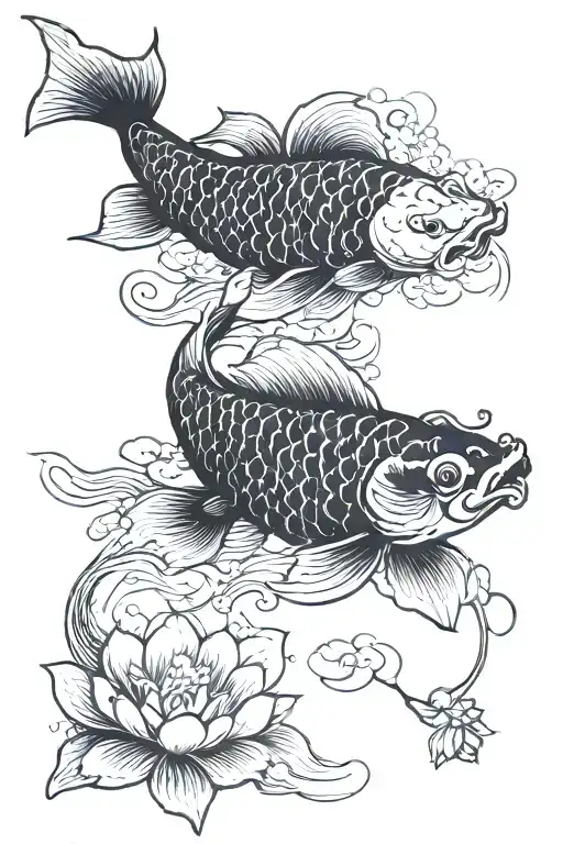 Black Scaled Koi Swimming Beneath Lotus Blossoms