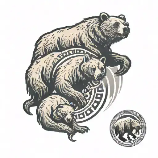 Yin Yang Held Up By A Grizzly Bear With Three Cubs On The Bear
