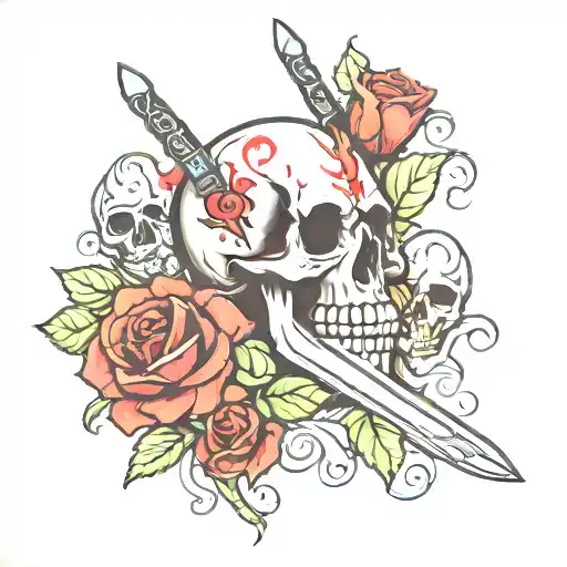 Skull With Roses And A Sword