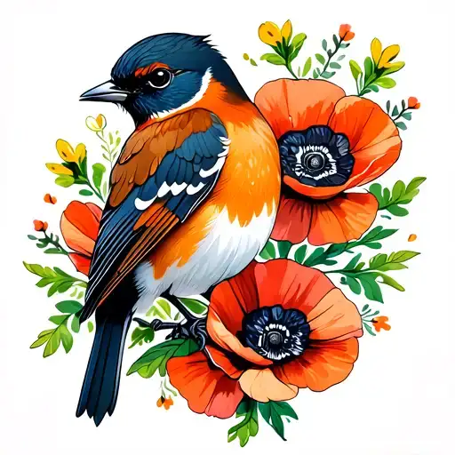Robin Bird With Poppy Flowers