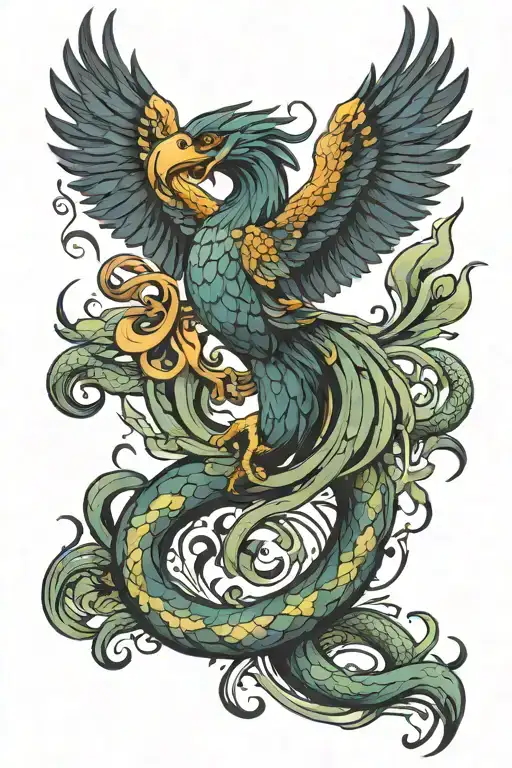 Phoenix Fighting With Snake Intertwined