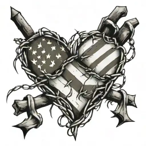 Barbed Wire Tattoo With American Flag Heart Around Bicep