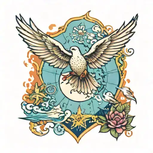 A Colorful Neotraditional Tattoo Of A Caribbean Map With A Dove Flying Over It