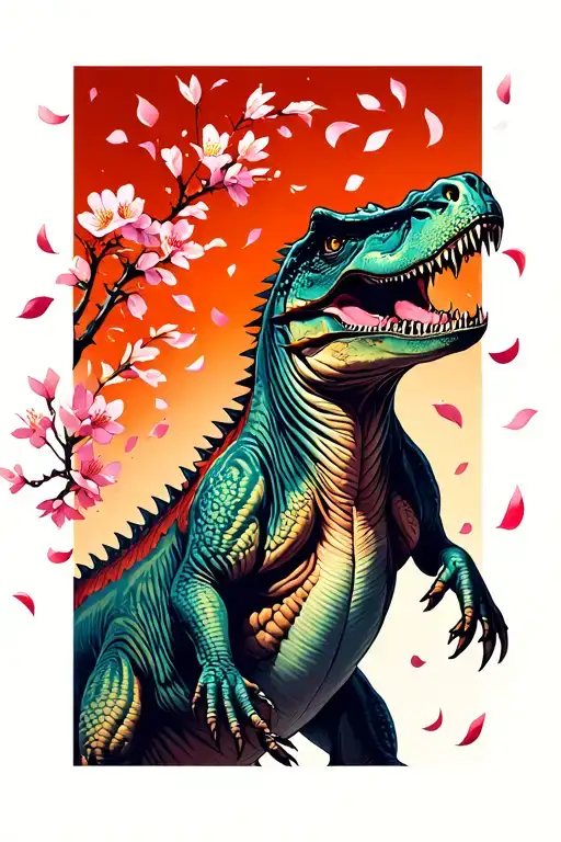 T Rex Reaching Up To Grab Cherry Blossom Petals Falling