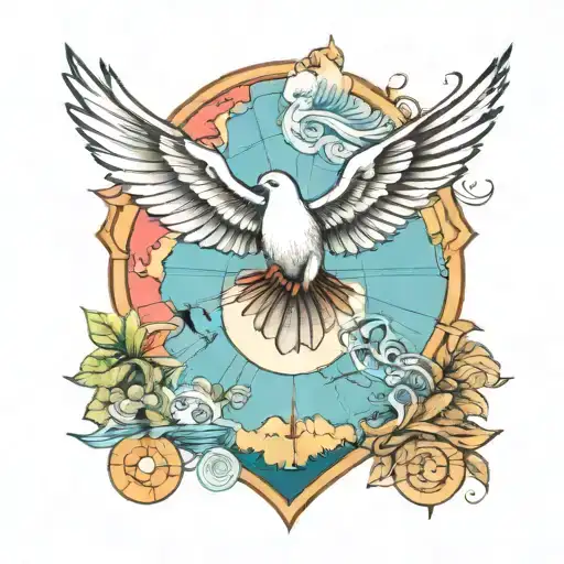 A Colorful Neotraditional Tattoo Of A Caribbean Map With A Dove Flying Over It