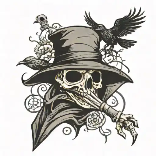Plague Doctor Mask And Crow And Skeleton Hand