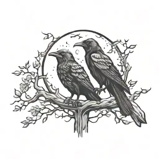 Odins Ravens On A Tree By A Full Moon
