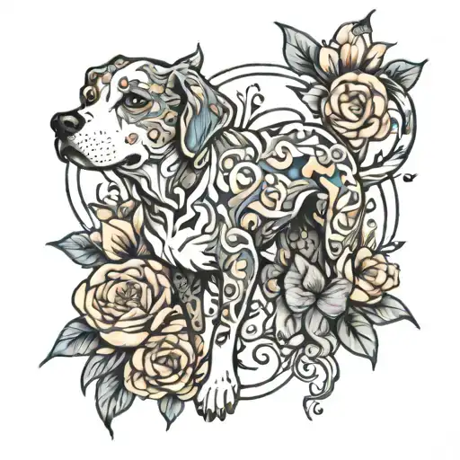 Dog Among Flowers Intertwined