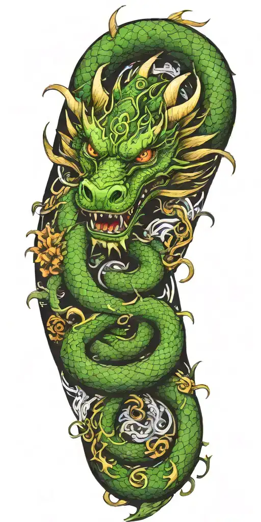 Dragon Intertwined With Elements Of Nature With Dragon Face Displaying Strength And Wisdom