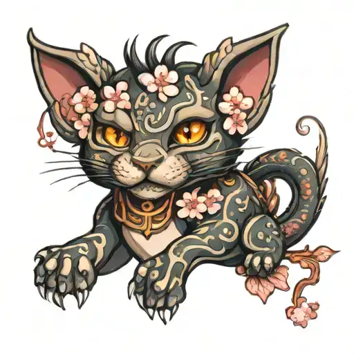 Cat Dragon Hybrid With Cherry Blossom Flowers