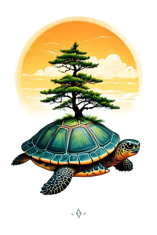 Sunset Pine Trees Growing On Sea Turtle Shell