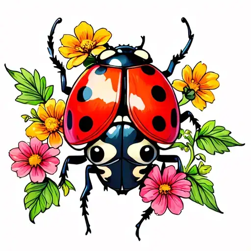 Ladybug With Flowers With Color